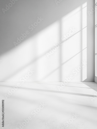 Serene Interior: White Room with Sunlight and Shadows for Minimalist Design, Clean Space, Modern Architecture, and Bright Home Style, Creating an Empty Backdrop