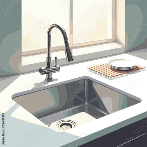 Sleek stainless steel kitchen sink with natural light, minimalist design