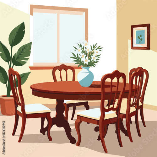 Cozy dining room with wooden table and chairs, inviting ambiance