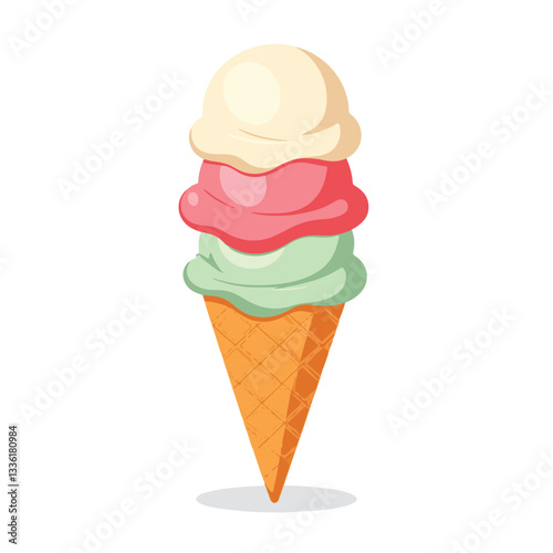 Colorful ice cream cone with three scoops on white background, summer treat