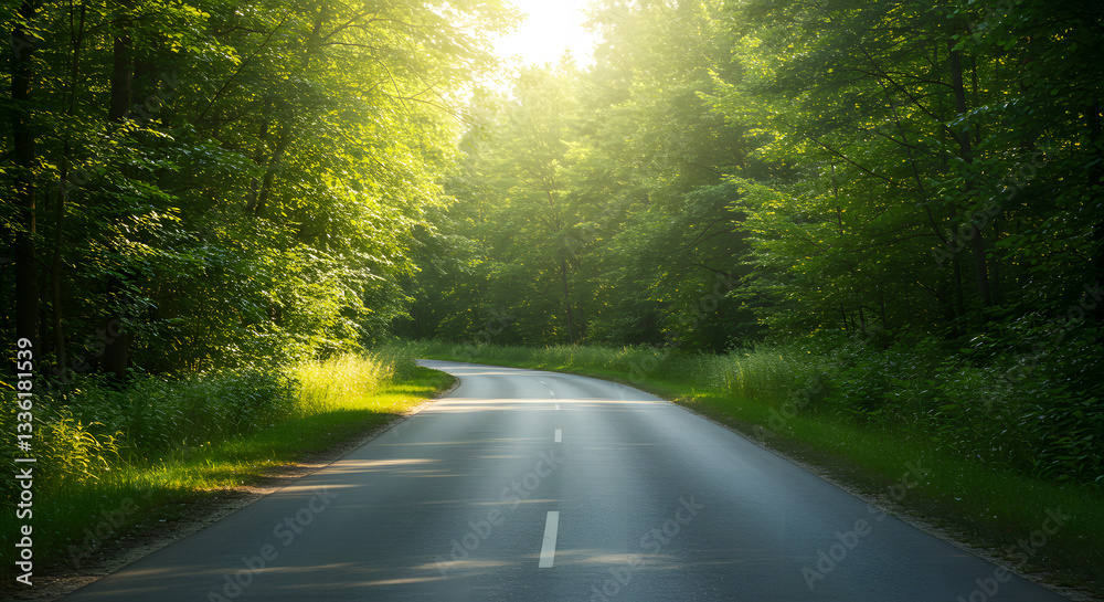 Fototapeta premium Aerial Perspective of a Summer Highway Surrounded by Towering Green Trees and Nature 