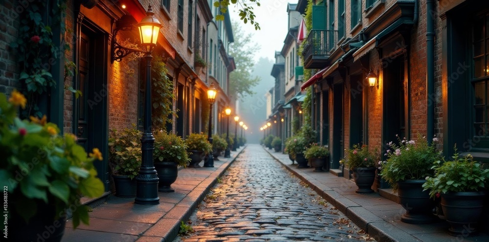 Obraz premium Victorian-era cobblestone street with gas lamps and flower pots, antique, charming, quaint