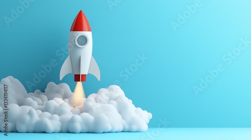 A small rocket model standing against a solid light blue background, symbolizing innovation, ambition, and exploration.