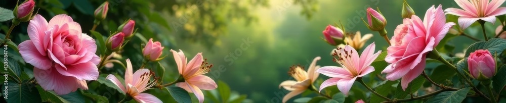 Fototapeta premium Serene botanical paradise showcasing roses, lilies, and hydrangeas in full bloom, elegant, outdoor, picturesque