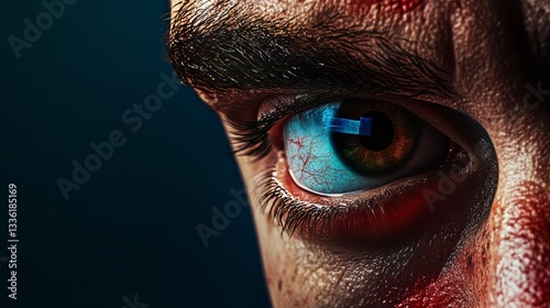 A close-up on a bloodshot eye, reflecting a blue light, suggests distress, illness, or digital enhancement, creating a striking visual impact.