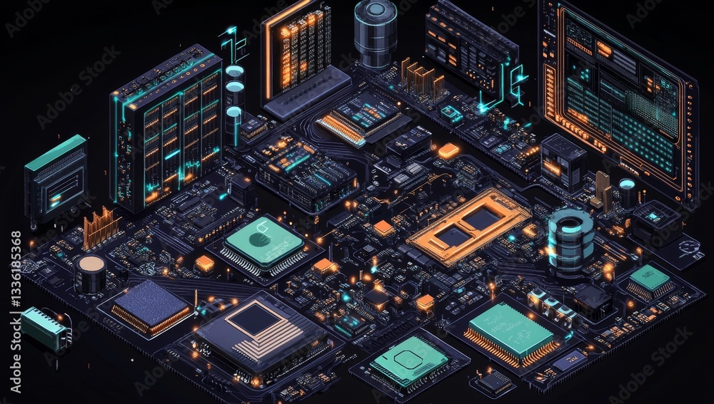 Complex computer motherboard isometric view Complex computer motherboard isometric view
