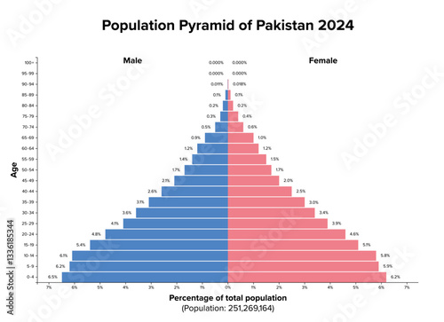 Population pyramid of Pakistan 2024. Age structure diagram and graphical illustration of the distribution of over 251 million people divided into females and males, quoted in percent and 4-year steps.