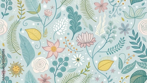 Whimsical Floral Pattern Design Featuring Delicate Blooms, Lush Greenery, and an Intricate Clock Element on a Pastel Background