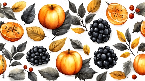 Autumn illustration with pumpkins, blackberries, sliced oranges, and gray-gold leaves

