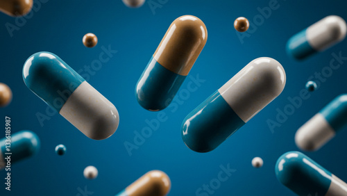 Advanced Pharmaceutical Idea Showcasing Abstract Capsules in Suspension on a Blue Background