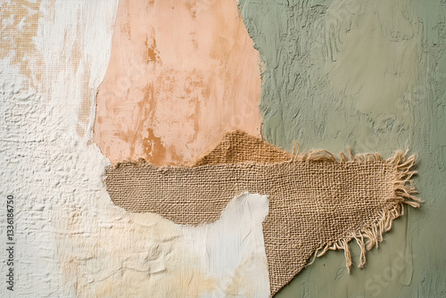 Textured background featuring hand-applied plaster, woven linen, and organic fibers in warm boho tones of beige, terracotta, sage green, and off-white. Ideal for lifestyle and product photography