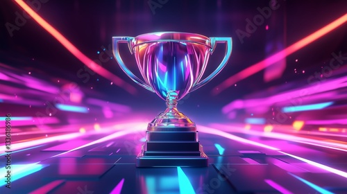 A floating holographic trophy, shimmering with neon colors, awarded in a futuristic esports championship 