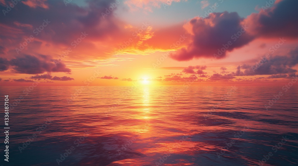 Obraz premium scene captures a peaceful sunrise as first rays of light emerge over horizon illuminating calm sea and symbolizing start of a fresh day and mental health