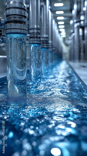 High tech water purification system with flowing water and pipes