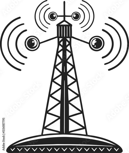 wireless communication tower with waves antenna signal transmission, telecommunication network, connectivity illustration.