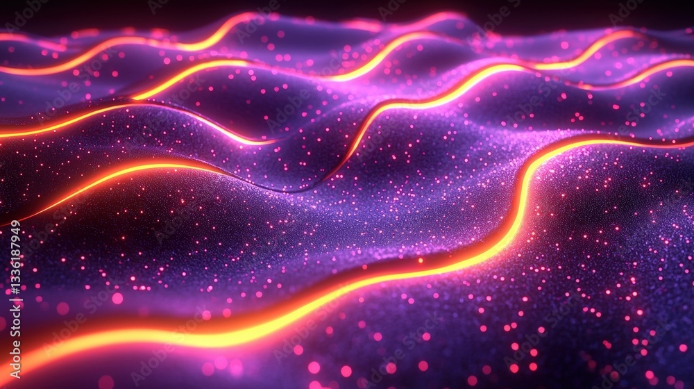 Obraz premium Illuminated Waves of Colorful Light in Abstract Digital Design with Sparkling Particles