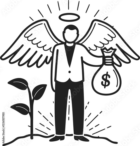 Angel investor with money bag and startup growth, financial support concept.