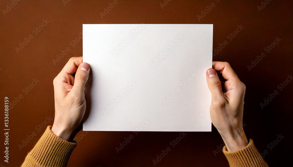 Obraz premium Generated image hands of man hold a white blank paper on brown background
