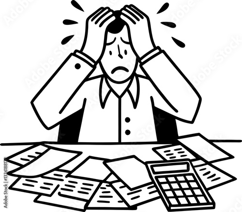 Stressed person overwhelmed by paperwork and financial calculations anxiety and budget issues.