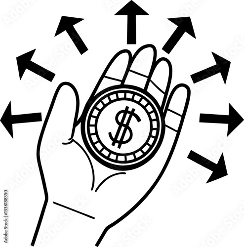 hand holding dollar coin symbolizing financial growth and distribution with arrows indicating wealth direction.