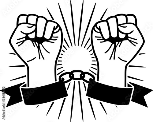 Breaking free hands shattering chains, symbol of freedom and liberation.