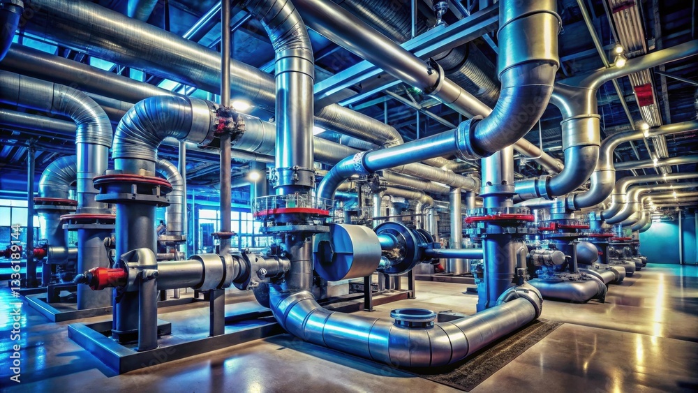 Fototapeta premium Industrial Facility's Complex Network of Pipes and Valves in a Modern Setting
