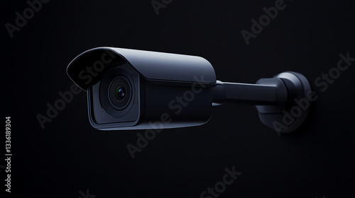 Close-Up of Modern Black Surveillance Camera on Dark Background