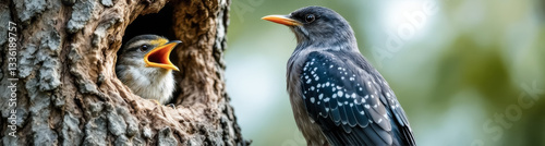 adult bird and fledgling in tree cavity