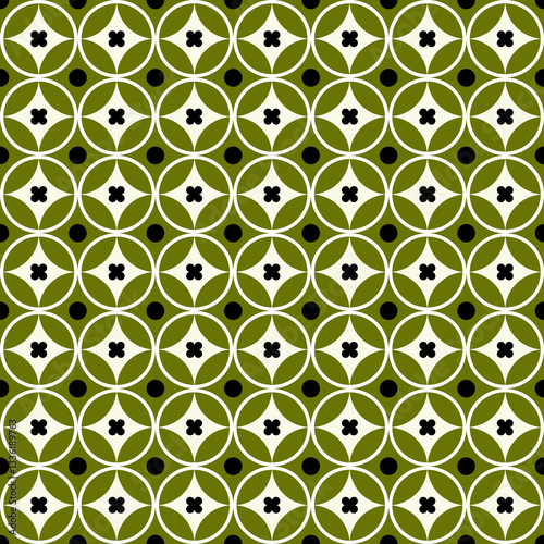 Seamless olive green geometric mid-century pattern with white circles, black dots, and floral shapes. Repeating, balanced design, high quality