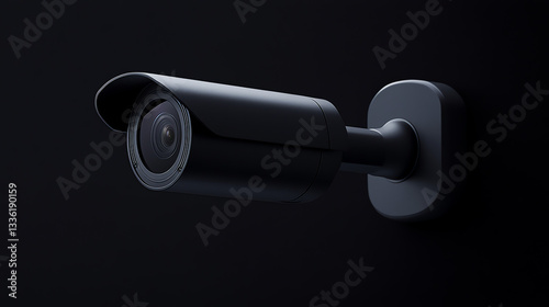 Close-Up of Modern Black Surveillance Camera on Dark Background