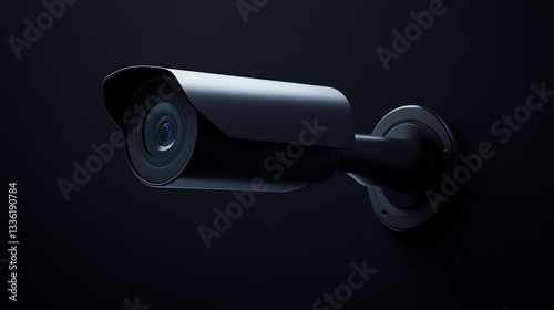 Close-Up of Modern Black Surveillance Camera on Dark Background