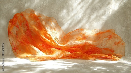 Elegant Orange Silk Fabric Draped Gracefully on Soft Background with Subtle Shadows and Texture