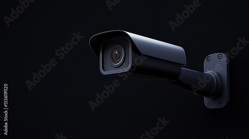 Close-Up of Modern Black Surveillance Camera on Dark Background