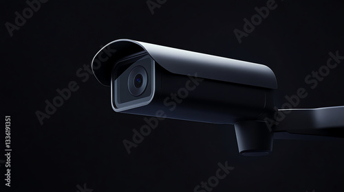 Close-Up of Modern Black Surveillance Camera on Dark Background