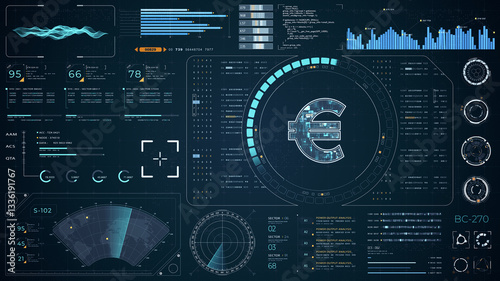 Blue digital money logo with head up display (HUD UI) panel and futuristic technology abstract background crypto currency finance and digital money