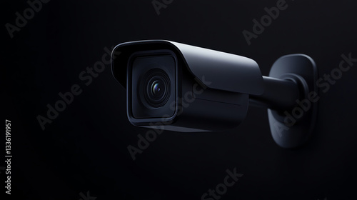 Close-Up of Modern Black Surveillance Camera on Dark Background