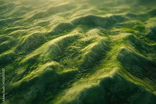 A verdant landscape of rolling green hills under sunlight photo