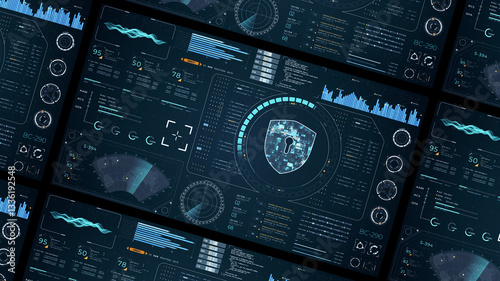 Blue digital security shield with head up display (HUD UI) and circuit panel futuristic abstract background network firewall technology and data secure