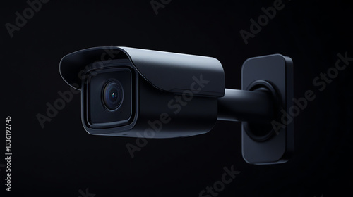 Close-Up of Modern Black Surveillance Camera on Dark Background