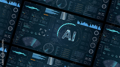 Blue digital AI with head up display (HUD UI) panel and futuristic technology abstract background artificial intelligence and robot assistant machine learning