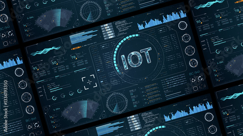 Blue digital IOT letter logo with head up display (HUD UI) panel and futuristic technology abstract background internet of things