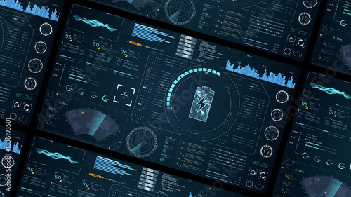 Blue digital battery logo with head up display (HUD UI) panel and futuristic technology abstract background  power reserve