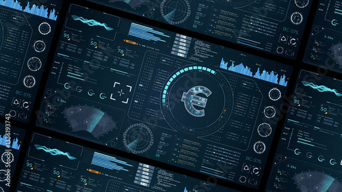 Blue digital money logo with head up display (HUD UI) panel and futuristic technology abstract background crypto currency finance and digital money