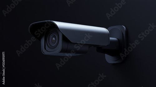 Close-Up of Modern Black Surveillance Camera on Dark Background