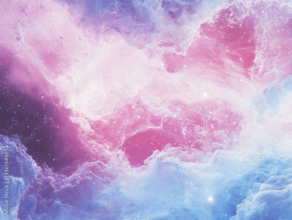 Obraz premium a stunning nebula in space, with hues of pink, orange, and blue, illuminated by countless stars creating a mesmerizing cosmic scene.