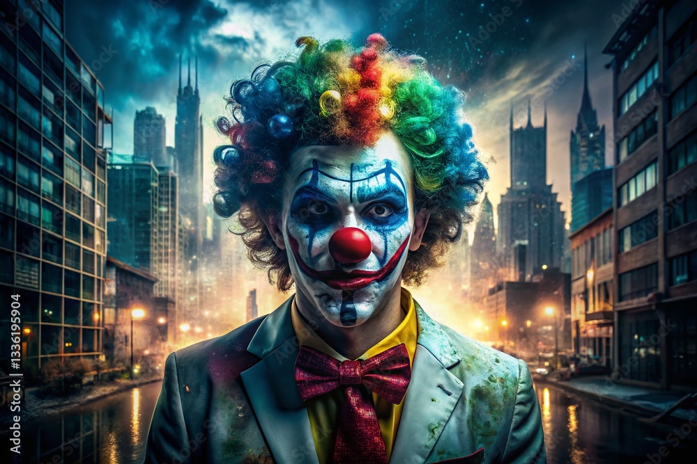 Mysterious Masked Clown Double Exposure Stock Photo