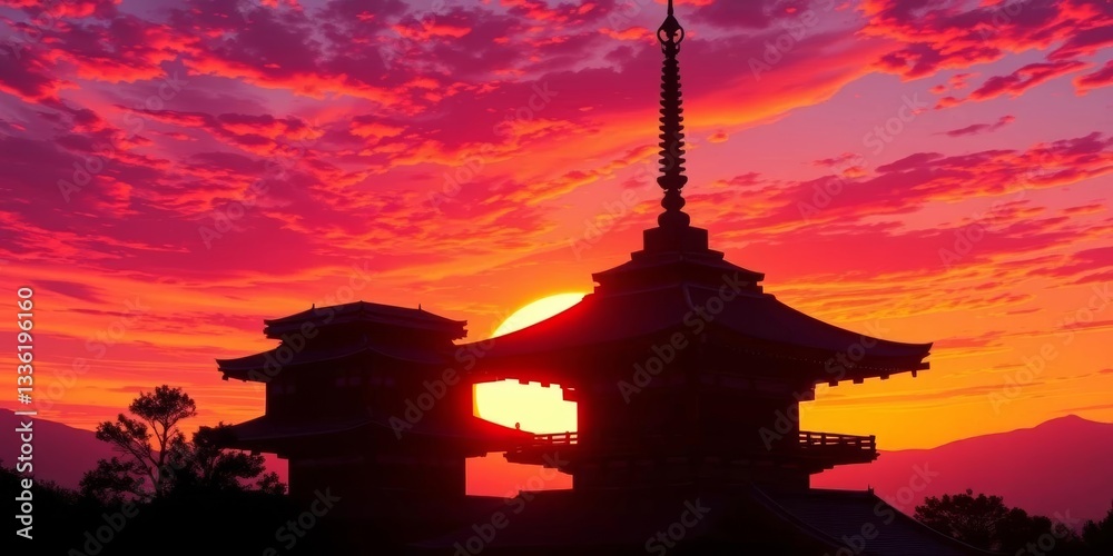 Silhouetted Japanese temple against vibrant sunset, anime-style aesthetic, clouds, traditional Silhouetted Japanese temple against vibrant sunset, anime-style aesthetic, clouds, traditional