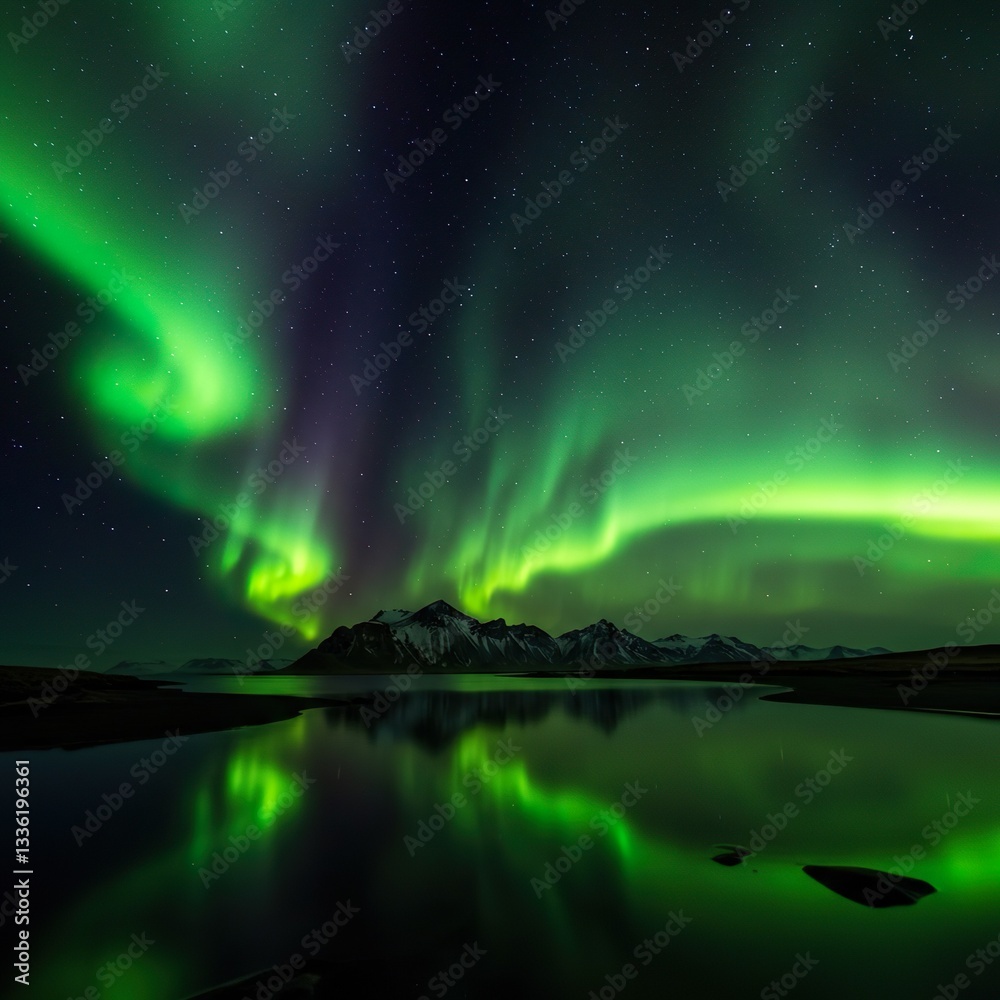 Fototapeta premium Beautiful aurora borealis northern lights in night sky over snowy landscape