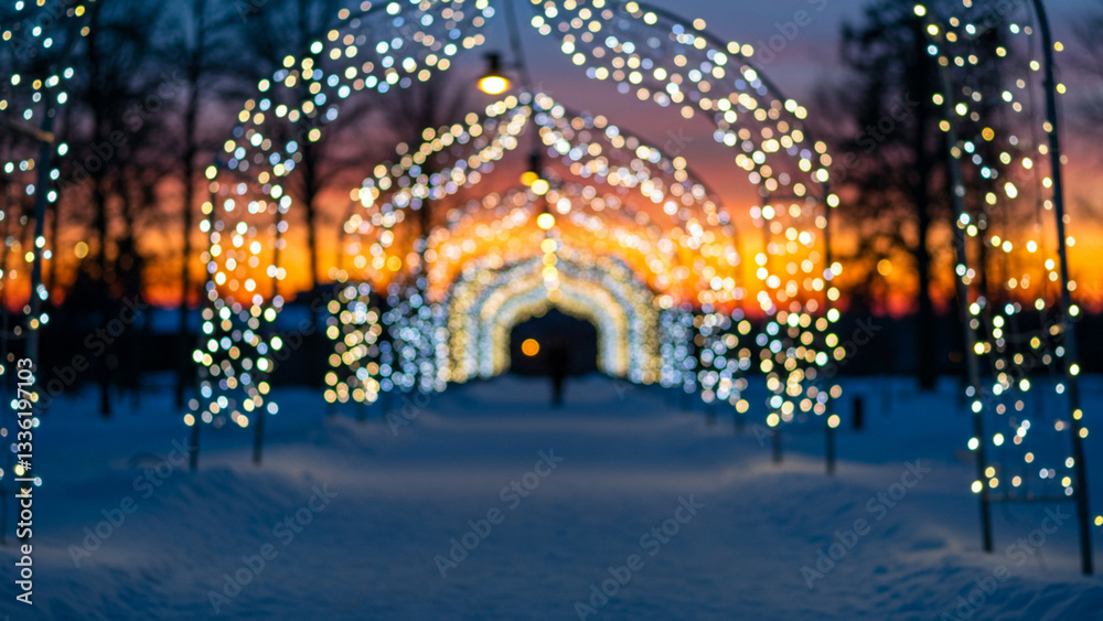 Fototapeta premium Twinkling Christmas lights adorn a snow-blanketed path as a stunning winter sunset casts its glow, establishing a whimsical and celebratory ambiance