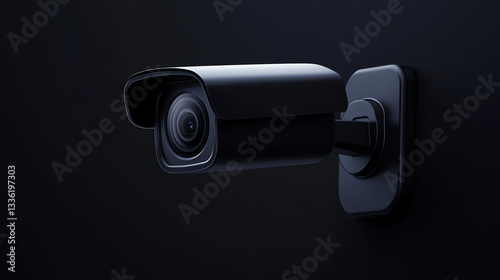 Close-Up of Modern Black Surveillance Camera on Dark Background